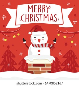 Merry Christmas Snowman Cartoon Vector - Cute Snow Man in Chimney Funny Greeting Cards Vector - Ribbon Banner Night Red Background