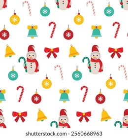 Merry Christmas Snowman Decoration Seamless Pattern. Vector Illustration of Happy New Year Holiday Background. Winter Seasonal Greetings. Flat Style.