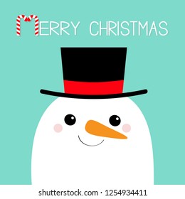 Merry Christmas. Snowman face head. Carrot nose, black hat. Cute cartoon funny kawaii character. Blue winter background. Happy New Year. Greeting card. Flat design. Vector illustration