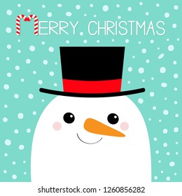 Merry Christmas. Snowman face head. Carrot nose, black hat. Cute cartoon funny kawaii character. Blue winter snow background. Happy New Year. Greeting card. Flat design. Vector illustration