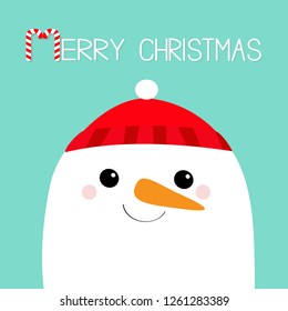 Merry Christmas. Snowman face head. Carrot nose, red hat. Cute cartoon funny kawaii character. Happy New Year. Blue winter background. Greeting card. Flat design. Vector illustration
