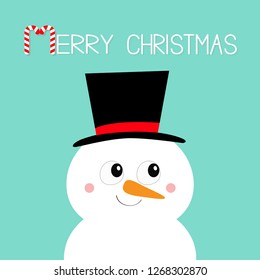 Merry Christmas. Snowman face head. Carrot nose, black hat. Happy New Year.  Vector illustration