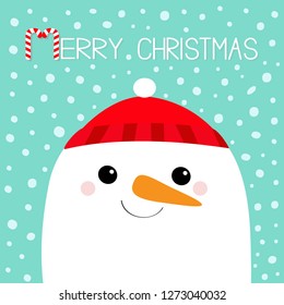 Merry Christmas. Snowman face head. Carrot nose, red hat. Cute cartoon funny kawaii character. Happy New Year. Blue winter snow background. Greeting card. Flat design. Vector illustration