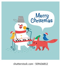 merry christmas snowman and fox. vector illustration