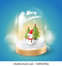 Merry Christmas With Christmas Snowman In Glass Dome, Isometric View, Vector