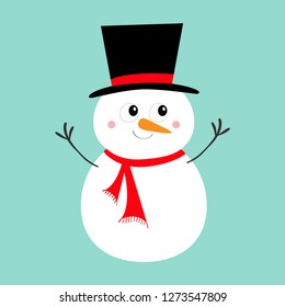 Merry Christmas. Snowman icon. Carrot nose, black hat. Happy New Year. Cute cartoon funny kawaii character. Greeting card. Isolated. Blue winter background. Flat design. Vector illustration