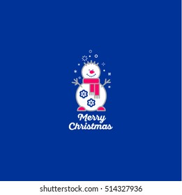Merry Christmas. Snowman icon and snowflakes in the blue background.