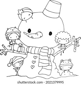 Merry Christmas snowman and kid cartoon vector illustration