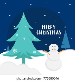 Merry Christmas with Snowman - Landscape, Shiny Xmas background with winter landscape with snowflakes, light, stars. Merry Christmas card. Vector Illustration