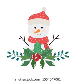 merry christmas snowman with leafs and seeds vector illustration design