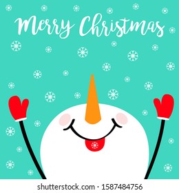 Merry Christmas. Snowman looking up, holding hands up, eating snow flake. Carrot nose. Happy New Year. Cute cartoon funny kawaii character. Greeting card. Blue winter background. Flat design. Vector