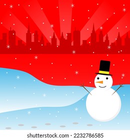 Merry christmas snowman on mountain with shadow city background with snow winter vector red postcard 