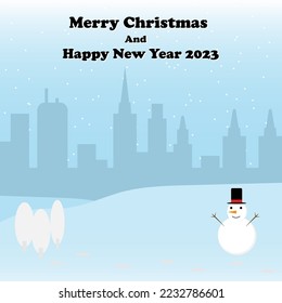 Merry christmas snowman on mountain with shadow city background with snow winter vector postcard 
