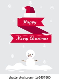 Merry Christmas and snowman with red ribbon