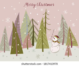 merry Christmas snowman in a red and yellow hat and scarf in the forest with snowflakes and Christmas trees on a pink background