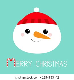 Merry Christmas. Snowman round face head icon. Carrot nose, red hat. Cute cartoon funny kawaii character. Happy New Year. Blue winter background. Greeting card. Flat design. Vector illustration
