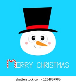 Merry Christmas. Snowman round face head. Carrot nose, black hat. Happy New Year. Cute cartoon funny kawaii character. Greeting card. Blue winter background. Flat design. Vector illustration