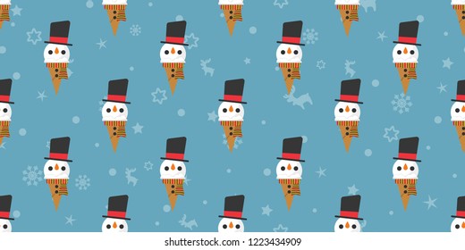 Merry Christmas, Snowman santa claus xmas ice creams seamless pattern, Cartoon illustration background repeat wallpaper.