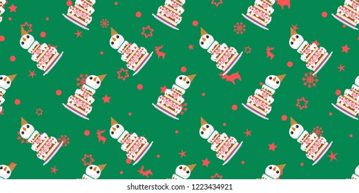 Merry Christmas, Snowman santa claus xmas cakes seamless pattern, Cartoon illustration background repeat wallpaper.