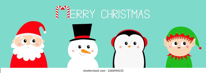 Merry Christmas. Snowman Santa Claus Elf Penguin bird round head face icon set. Happy New Year. Cute cartoon funny kawaii baby character. Greeting card. Flat design Blue background Vector illustration