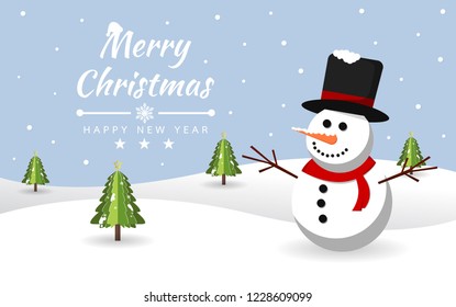 Merry christmas with Snowman at snow. Brochure, Card, Banner Vector illustration