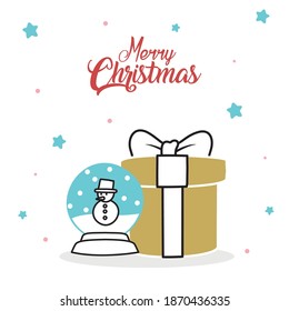 merry christmas snowman in sphere and gift design, winter season and decoration theme Vector illustration