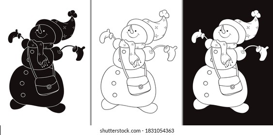 Merry Christmas snowman. Three variants of the snowman - outline, white snowman on a black background and black on a white background.