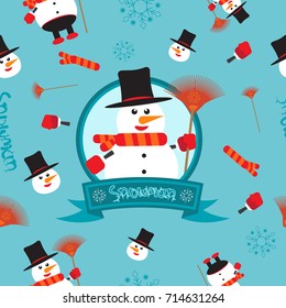 Merry Christmas snowman vector seamless pattern, Blue background with snow