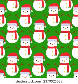 Merry Christmas, snowman waring a Santa hat. Seamless pattern. 