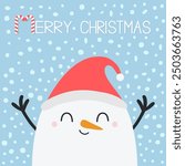 Merry Christmas. Snowman wearing red Santa Claus hat. Candy cane. Face carrot nose. Happy New Year. Cute cartoon kawaii character. Childish style. Flat design. Hello winter Blue snow background Vector