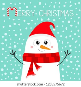 Merry Christmas. Snowman wearing red hat and scarf. Candy cane. Face carrot nose. Happy New Year. Cute cartoon kawaii baby character. Flat design. Hello winter Blue snow background Vector illustration