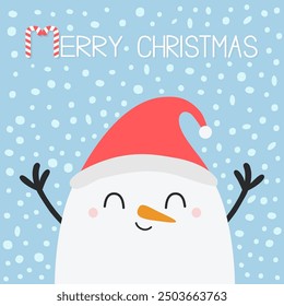 Merry Christmas. Snowman wearing red Santa Claus hat. Candy cane. Face carrot nose. Happy New Year. Cute cartoon kawaii character. Childish style. Flat design. Hello winter Blue snow background Vector