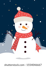 merry christmas snowman in winter landscape vector illustration design