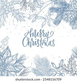 Fundo de neve Feliz Natal com caligrafia, ramos de abeto, azevinho e ponsettia plantas. Ilustração de esboço desenhado à mão do vetor. Banner de férias de inverno, cartaz, etiqueta, design de convite