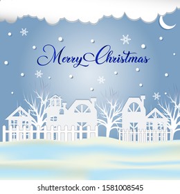 Merry Christmas snowy background.Vector Illustration.Isolated calligraphic text Merry Christmas and for Holiday Greeting Gift Poster card.