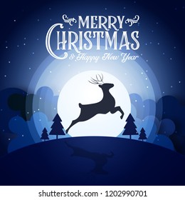 Merry Christmas snowy night and happy new year festival end year party silhouette deer and blue text calligraphy decoration greeting card abstract wallpaper background. Xmas day graphic design vector
