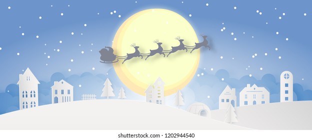 Merry Christmas snowy town day night and happy new year blue Xmas festival end year party silhouette Santa Claus and deer paper art decoration greeting card graphic abstract wallpaper background