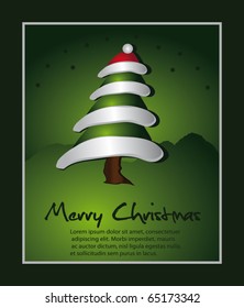 Merry Christmas, snowy tree with caps vector template