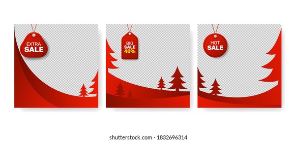 Merry Christmas social banners set with sale sign. Post and stories template set. Vector illustration design. 