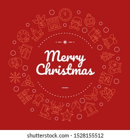 Merry christmas social media banner with linear icons template. New year greeting card, holiday postcard concept with thin line symbols. Xmas themed round frame vector illustration with calligraphy