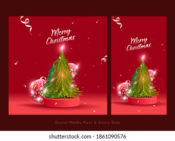 Merry Christmas Social Media Post Set With Xmas Tree, 3D Disco Balls And Confetti Ribbons On Red Background.