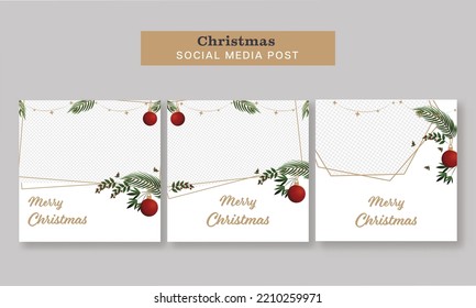 Merry Christmas Social Media Post Or Template Set With Baubles Hang, Fir Leaves, Berry Stem And Copy Space On White Background.