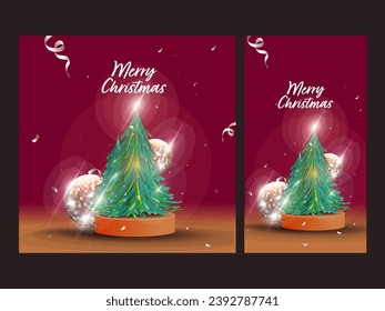 Merry Christmas Social Media Post Set with Xmas Tree, 3D Disco Balls and Confetti Ribbons On Dark Magenta Background.