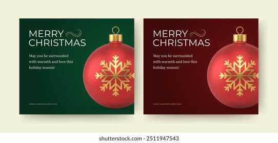 Merry Christmas social media post with luxury ball toy design template set realistic vector illustration. Xmas happy New Year winter holiday festive congratulations greeting card with bauble snowflake