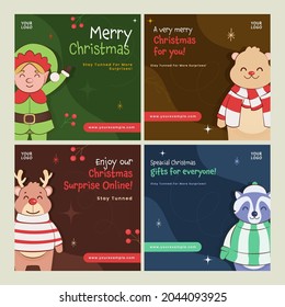 Merry Christmas Social Media Posts With Cartoon Elf, Polar Bear, Reindeer And Raccoon Character In Four Color Options.