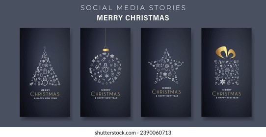 Merry Christmas Social Media Stories Collection. Christmas Luxury and Minimalist Instagram Story Set, Xmas Greeting Card and Banner