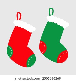 Merry Christmas sock set. Green Red hanging Santa Claus gift socks. Cute cartoon decoration element. Childish baby style. Simple flat design. White background. Isolated. Vector illustration