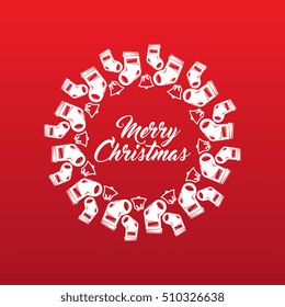 Merry Christmas With Socks and bells Wreath on Red Background