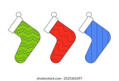 Merry Christmas socks hanging 2D cartoon objects set. Xmas stockings. Winter holidays celebration accessories isolated elements flat vector cliparts on white background. Spot illustrations collection