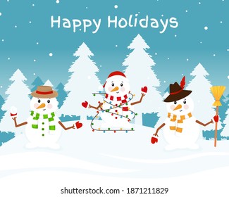 Merry Christmas with a sonigovik. Snigoviks are depicted in knitted scarves and hats with gifts outdoors against a background of white Christmas trees. Vector illustration